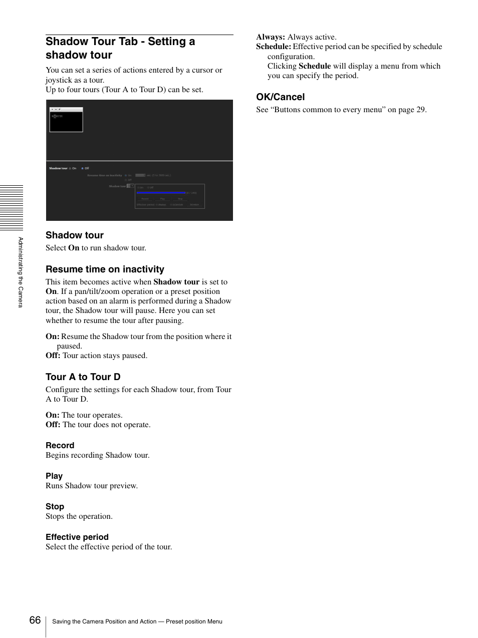 Shadow tour tab — setting a shadow tour, Shadow tour tab - setting a shadow tour, Shadow tour | Resume time on inactivity, Tour a to tour d, Ok/cancel | Sony IPELA SNC-RH124 User Manual | Page 66 / 120