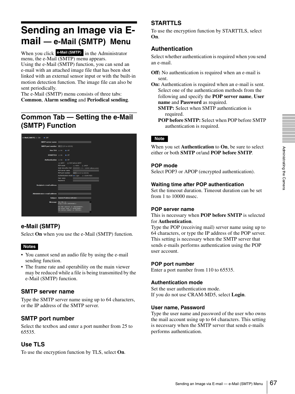 Sending an image via e- mail — e-mail (smtp) menu, Common tab — setting the e-mail (smtp) function, Sending an image via e-mail — e-mail (smtp) menu | Common tab — setting the e-mail (smtp), Function, Sending an image via e- mail, E-mail (smtp) menu | Sony IPELA SNC-RH124 User Manual | Page 67 / 120
