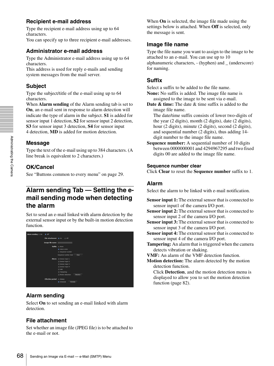 Alarm sending tab — setting the e-mail sending, Mode when detecting the alarm | Sony IPELA SNC-RH124 User Manual | Page 68 / 120