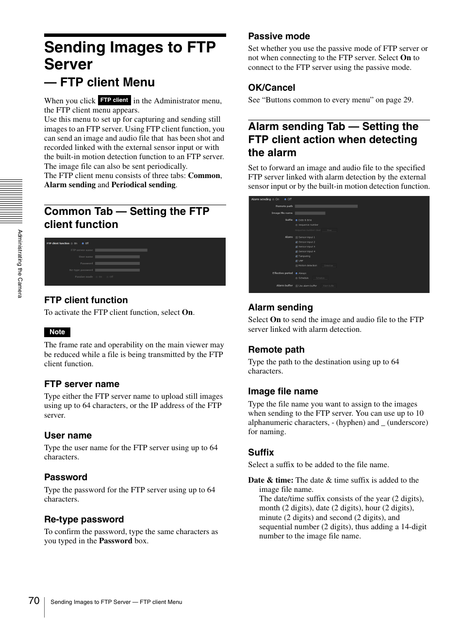 Sending images to ftp server — ftp client menu, Common tab — setting the ftp client function, Common tab — setting the ftp client | Function, Alarm sending tab — setting the ftp client, Action when detecting the alarm, Sending images to ftp server, Ftp client menu | Sony IPELA SNC-RH124 User Manual | Page 70 / 120