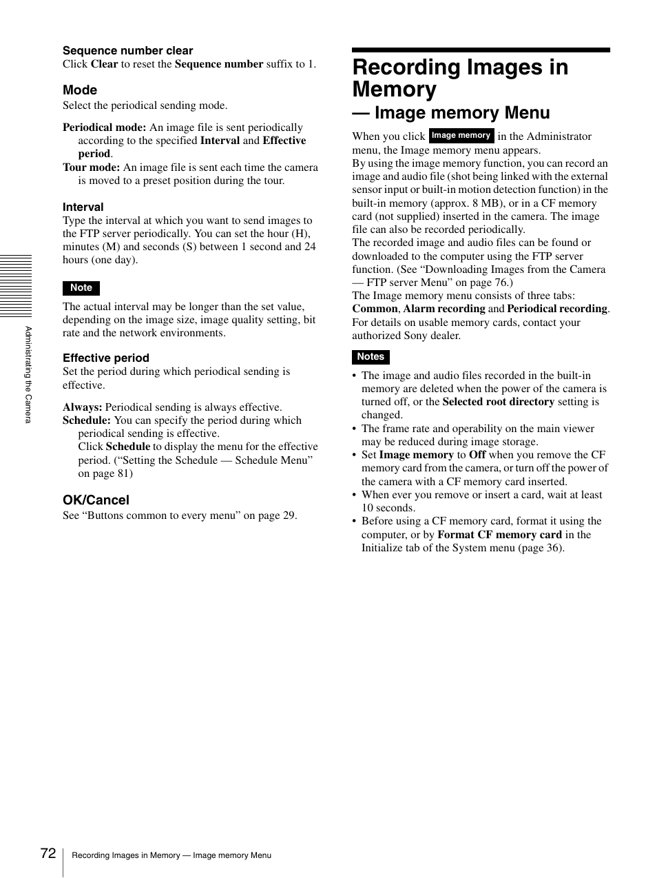 Recording images in memory — image memory menu, Mode, Ok/cancel | Sony IPELA SNC-RH124 User Manual | Page 72 / 120