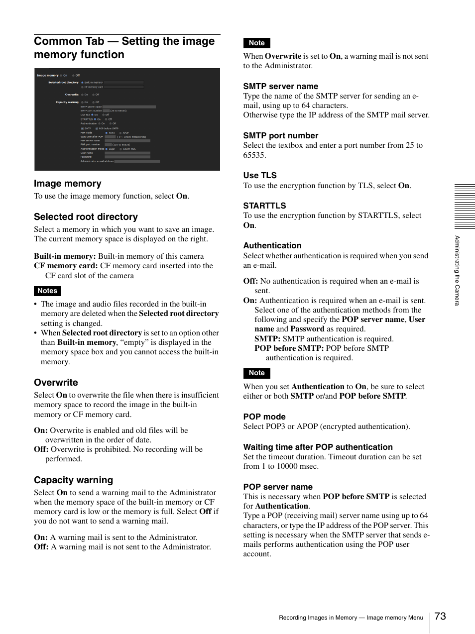 Common tab — setting the image memory function, Common tab — setting the image memory, Function | Selected root directory, Overwrite, Capacity warning | Sony IPELA SNC-RH124 User Manual | Page 73 / 120
