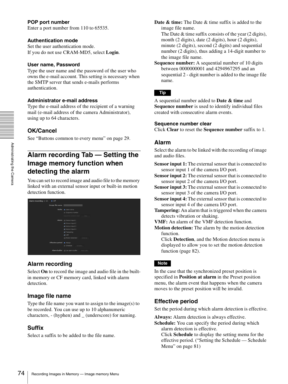 Alarm recording tab — setting the image, Memory function when detecting the alarm, Ok/cancel | Alarm recording, Image file name, Suffix, Alarm, Effective period | Sony IPELA SNC-RH124 User Manual | Page 74 / 120