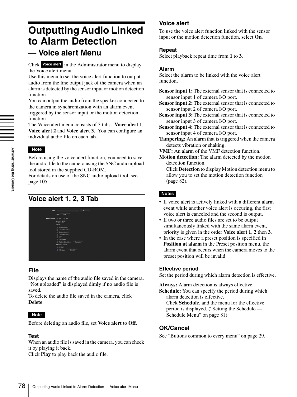 Voice alert 1, 2, 3 tab, Outputting audio linked to alarm detection, Voice alert menu | Sony IPELA SNC-RH124 User Manual | Page 78 / 120