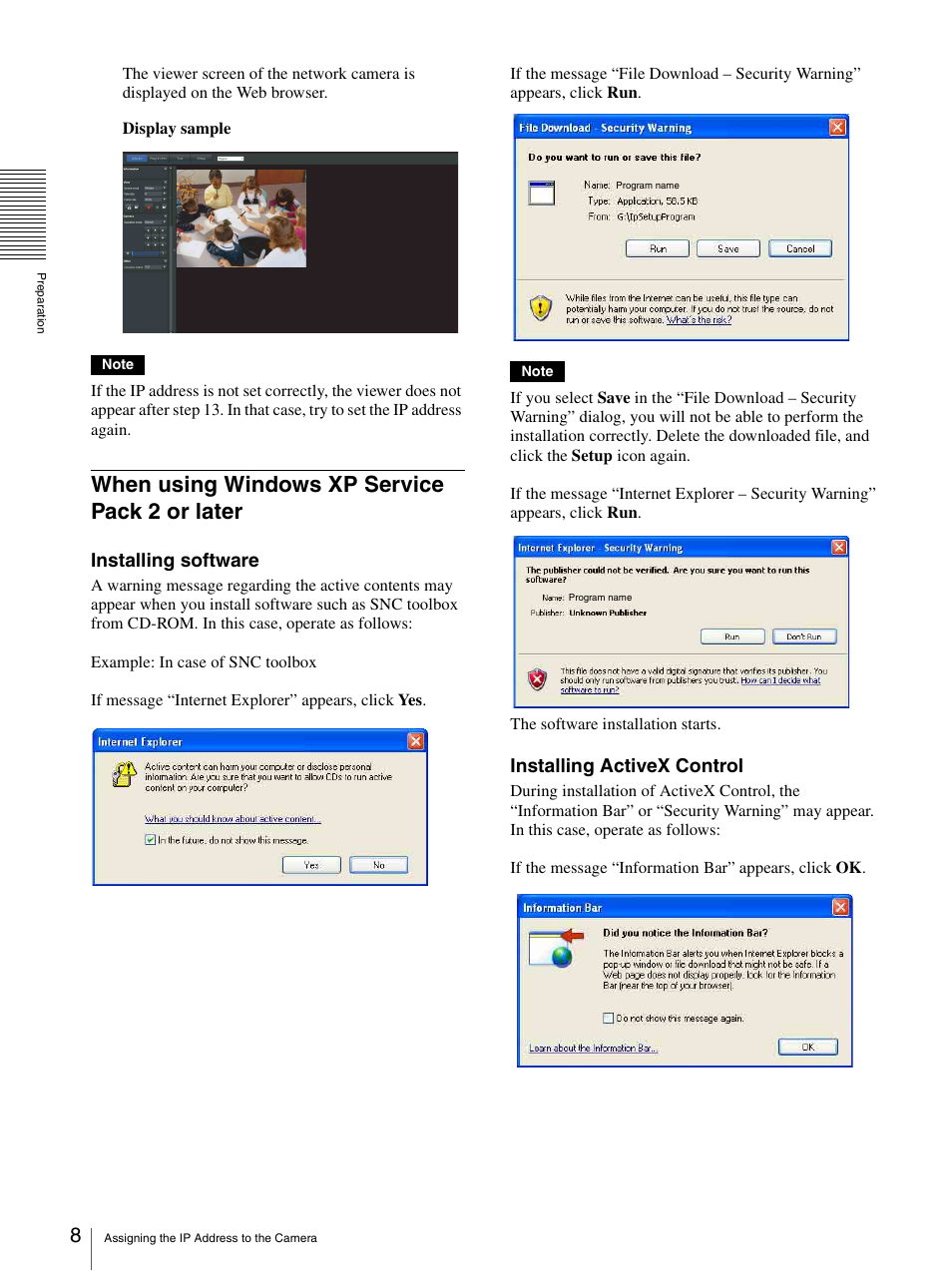 When using windows xp service pack 2 or later, When using windows xp service pack 2 or, Later | Installing software” i, Installing software, Installing activex control | Sony IPELA SNC-RH124 User Manual | Page 8 / 120