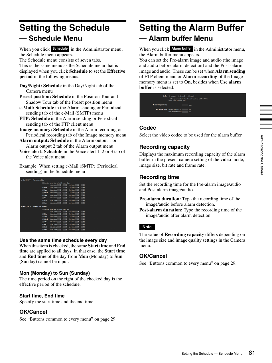 Setting the schedule — schedule menu, Setting the alarm buffer — alarm buffer menu, Setting the schedule | Setting the alarm buffer, Schedule menu, Alarm buffer menu | Sony IPELA SNC-RH124 User Manual | Page 81 / 120