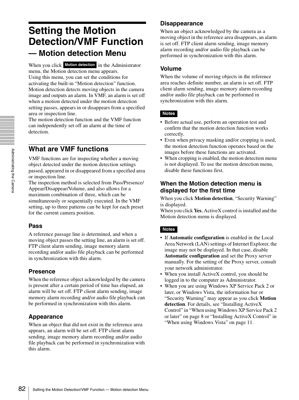 What are vmf functions, Setting the motion detection/vmf function, Motion detection menu | Sony IPELA SNC-RH124 User Manual | Page 82 / 120