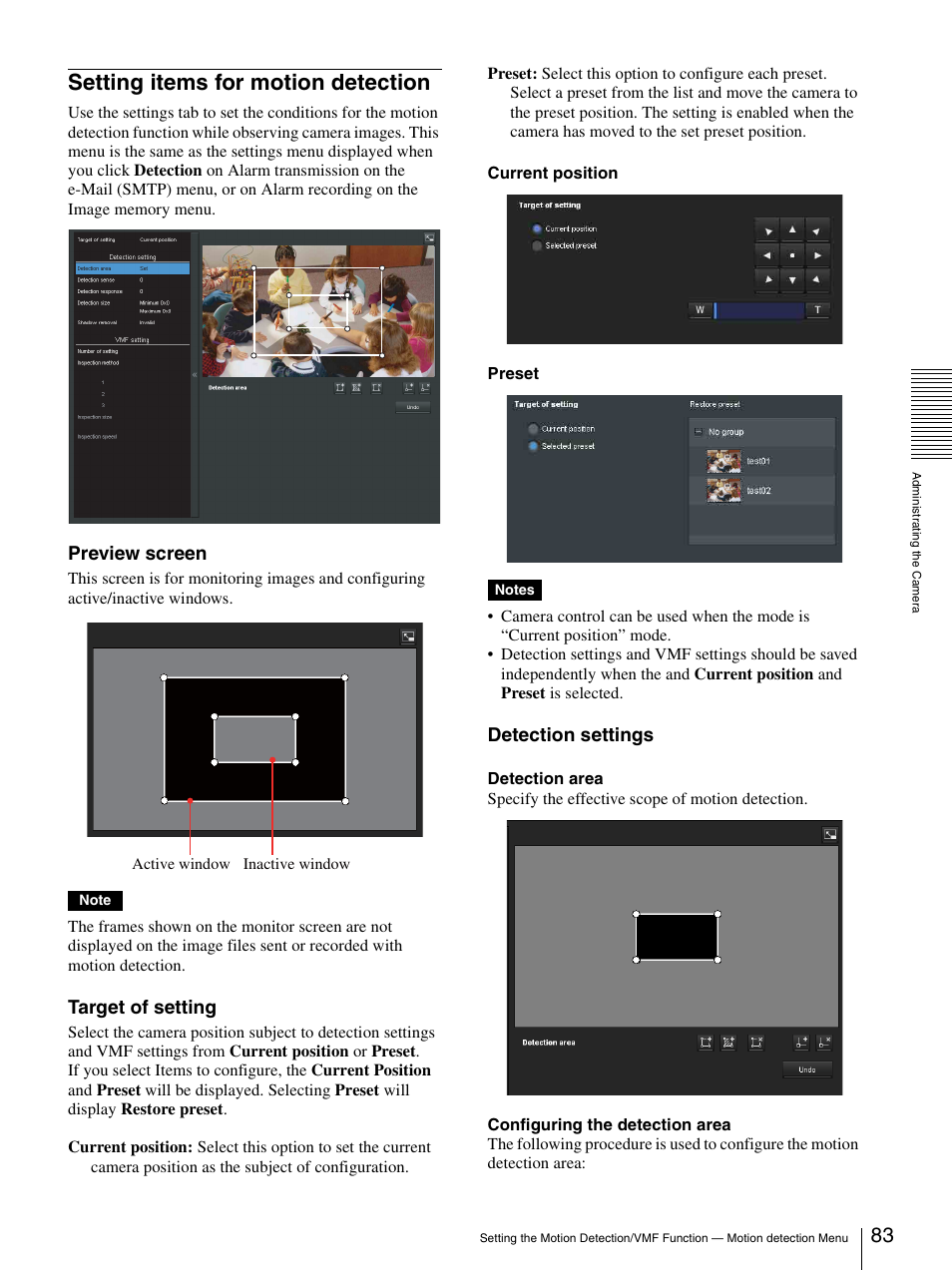 Setting items for motion detection, Preview screen, Target of setting | Detection settings | Sony IPELA SNC-RH124 User Manual | Page 83 / 120