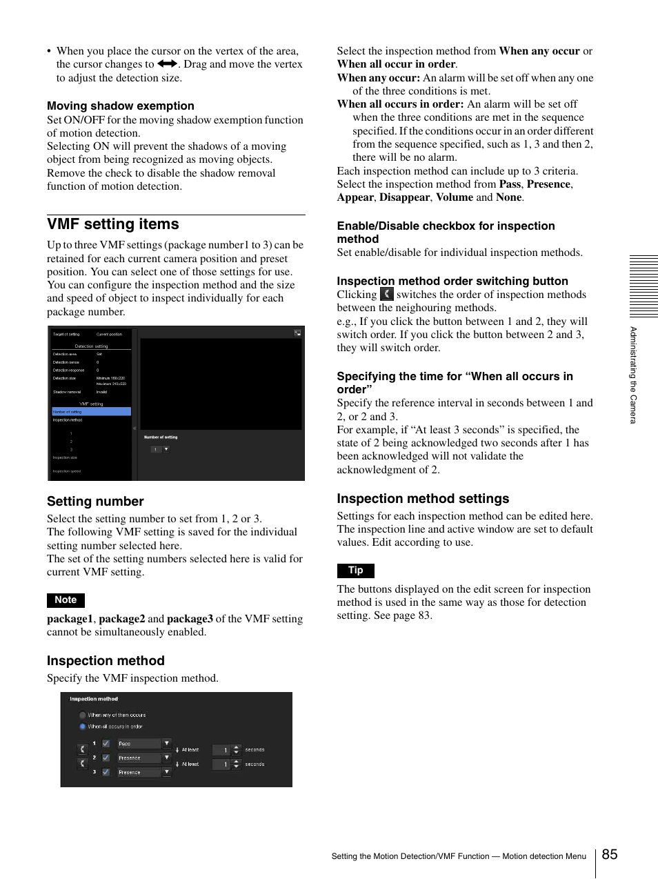 Vmf setting items, Setting number, Inspection method | Inspection method settings | Sony IPELA SNC-RH124 User Manual | Page 85 / 120