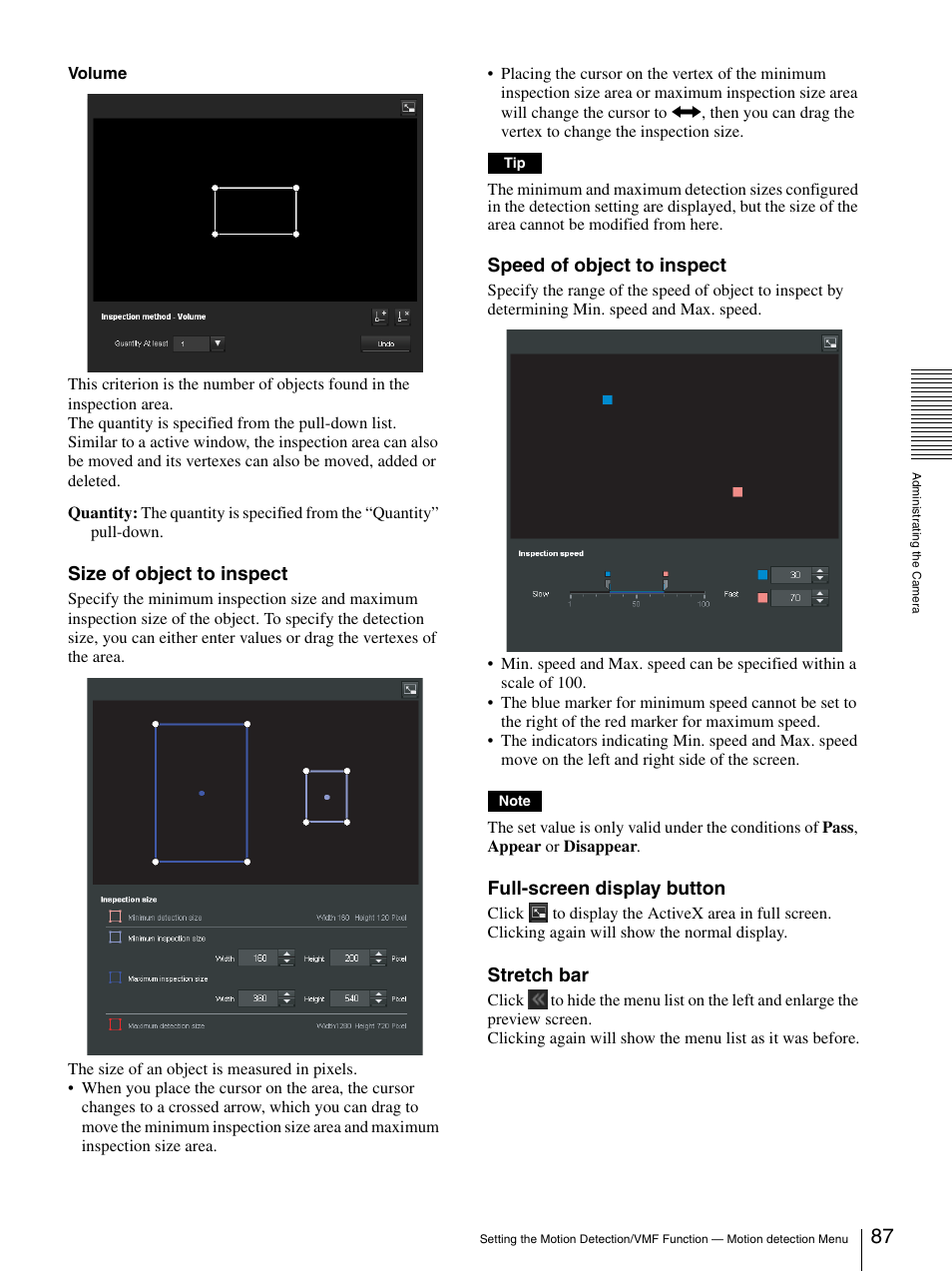 Size of object to inspect, Speed of object to inspect, Full-screen display button | Stretch bar | Sony IPELA SNC-RH124 User Manual | Page 87 / 120