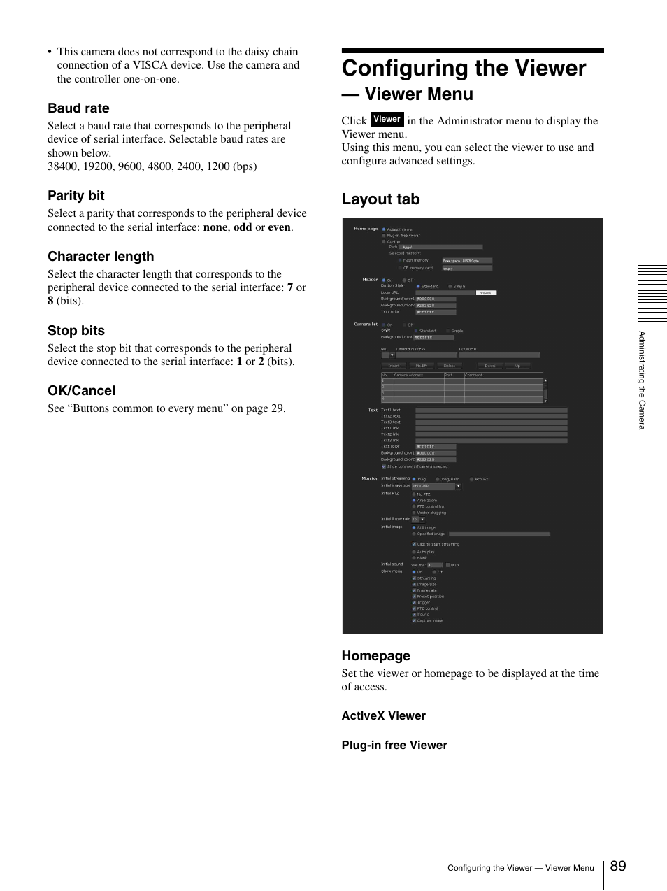 Configuring the viewer — viewer menu, Layout tab, Configuring the viewer | Viewer menu | Sony IPELA SNC-RH124 User Manual | Page 89 / 120