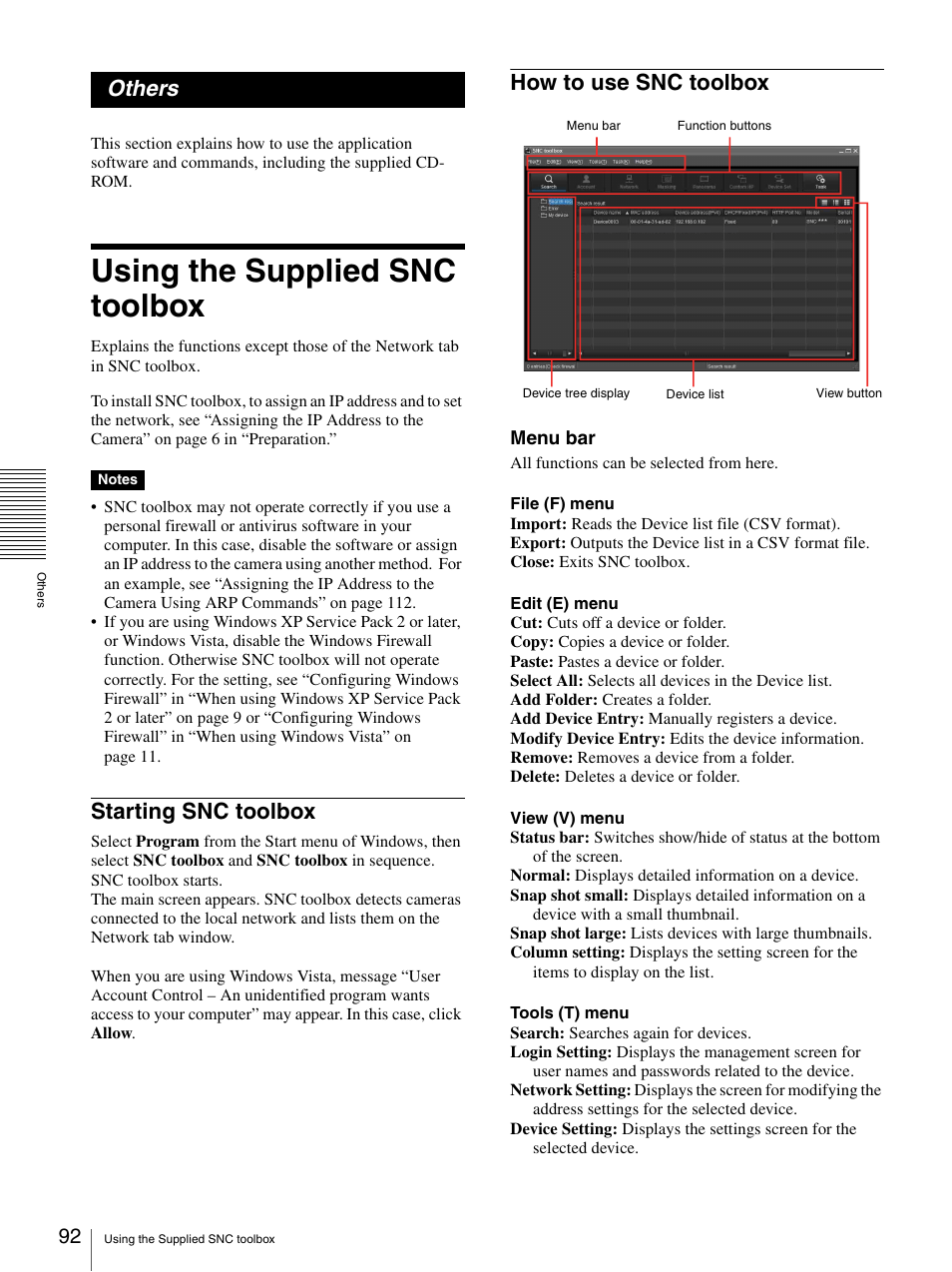 Others, Using the supplied snc toolbox, Starting snc toolbox | How to use snc toolbox, Starting snc toolbox how to use snc toolbox | Sony IPELA SNC-RH124 User Manual | Page 92 / 120