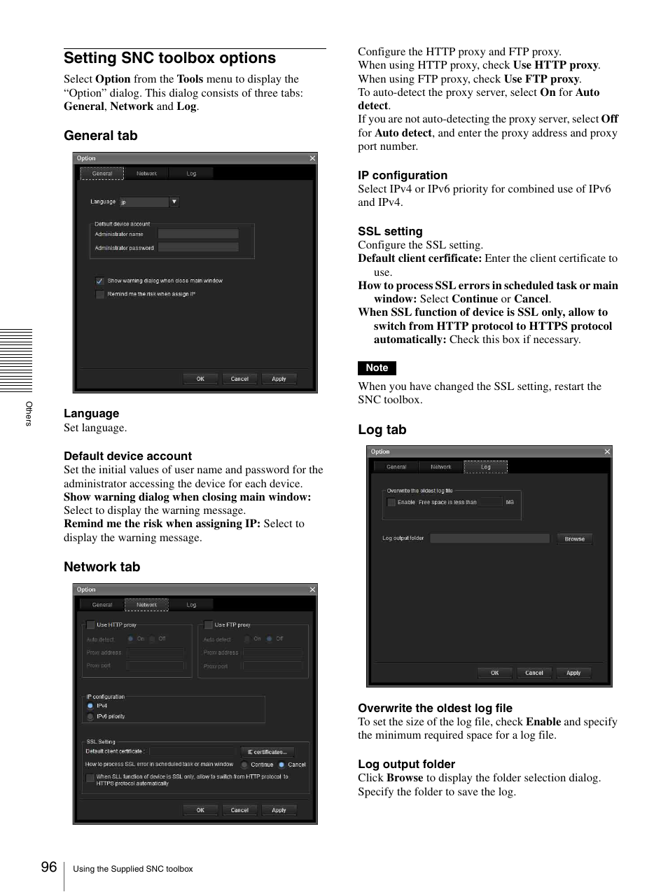 Setting snc toolbox options | Sony IPELA SNC-RH124 User Manual | Page 96 / 120
