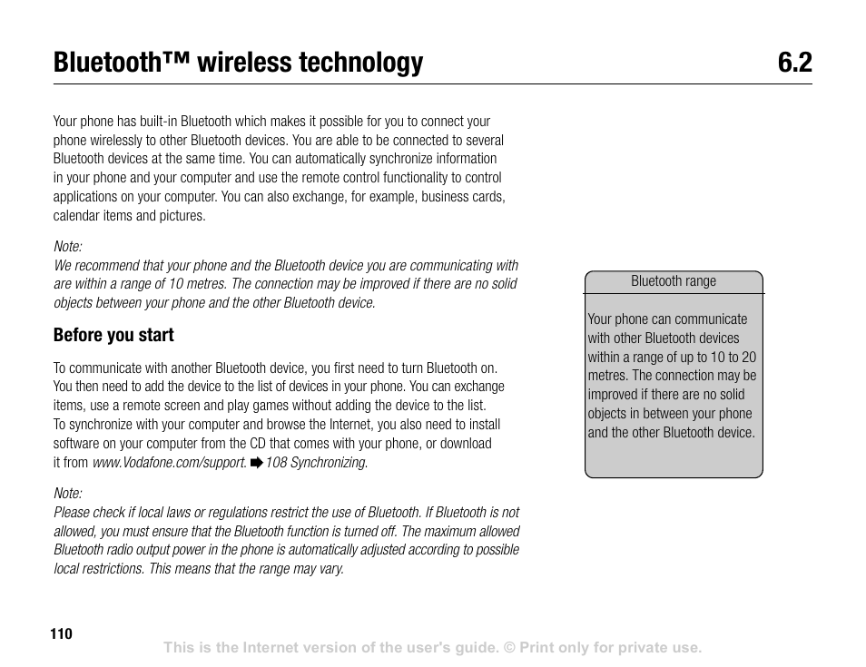 Bluetooth™ wireless technology 6.2, Bluetooth™ wireless technology | Sony V600 User Manual | Page 110 / 174