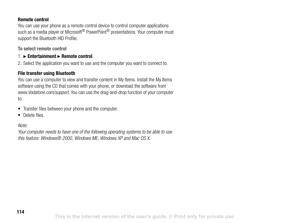 114 file transfer, Using bluetooth and | Sony V600 User Manual | Page 114 / 174