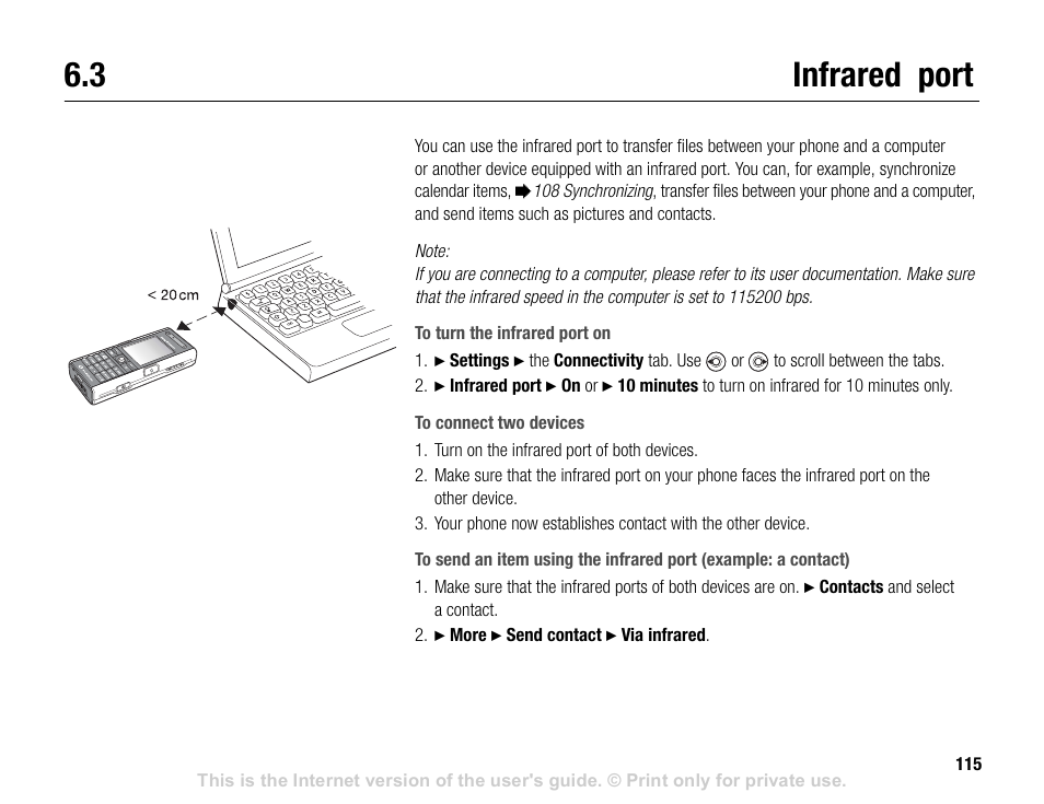 3 infrared port, Infrared port | Sony V600 User Manual | Page 115 / 174