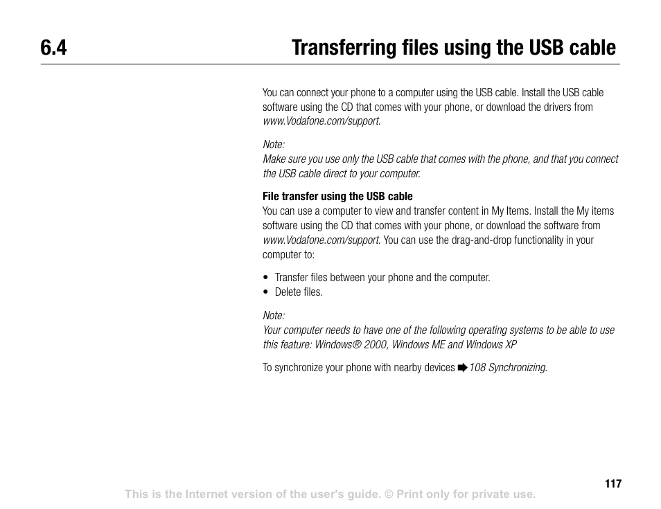 4 transferring files using the usb cable, Transferring files using the usb cable, 117 transferring files using the usb cable | Sony V600 User Manual | Page 117 / 174