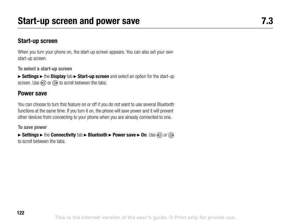 Start-up screen and power save 7.3, Start-up screen and power save | Sony V600 User Manual | Page 122 / 174