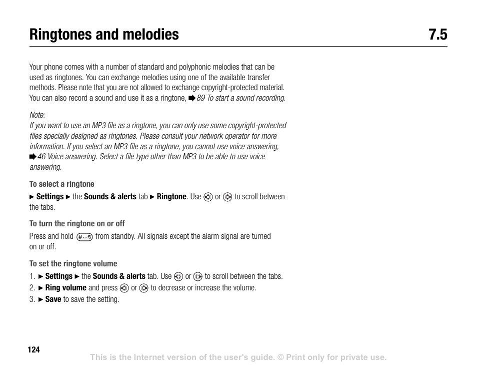 Ringtones and melodies 7.5, Ringtones and melodies | Sony V600 User Manual | Page 124 / 174
