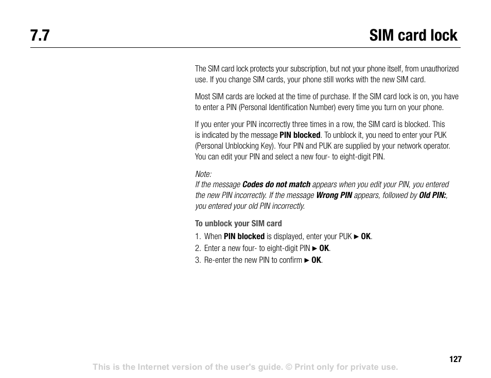 7 sim card lock, Sim card lock | Sony V600 User Manual | Page 127 / 174