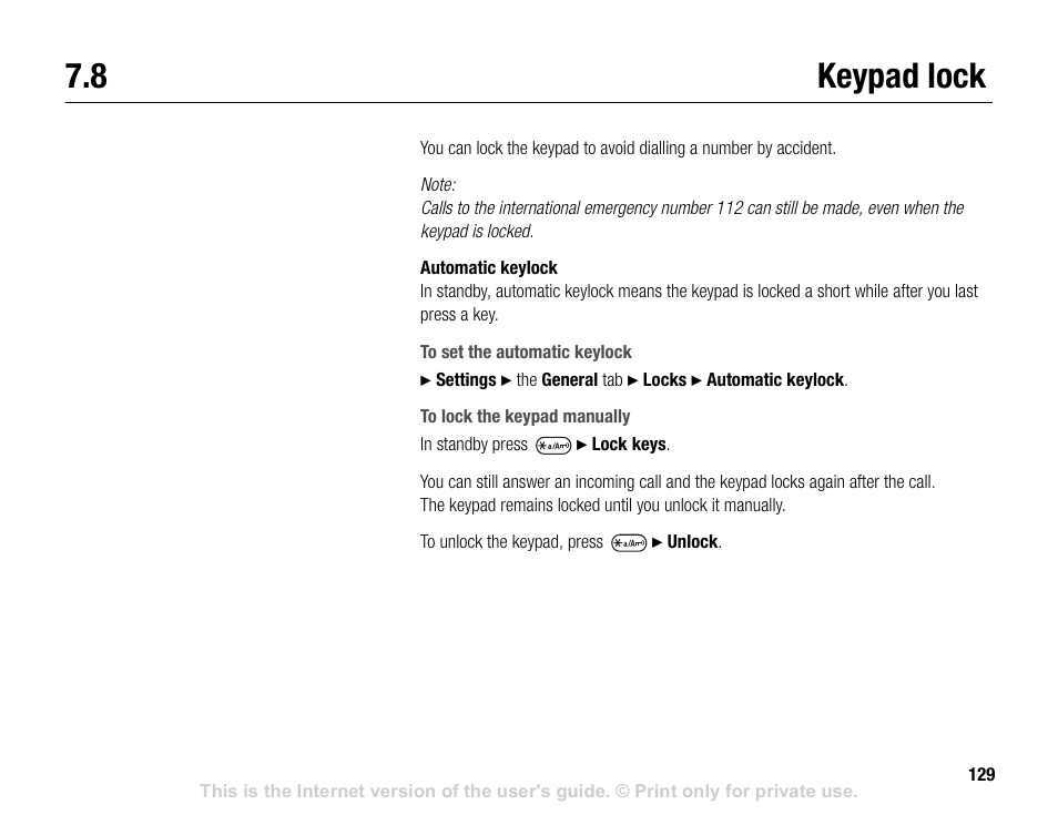 8 keypad lock, Keypad lock | Sony V600 User Manual | Page 129 / 174