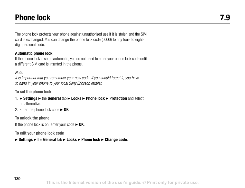 Phone lock 7.9, Phone lock | Sony V600 User Manual | Page 130 / 174