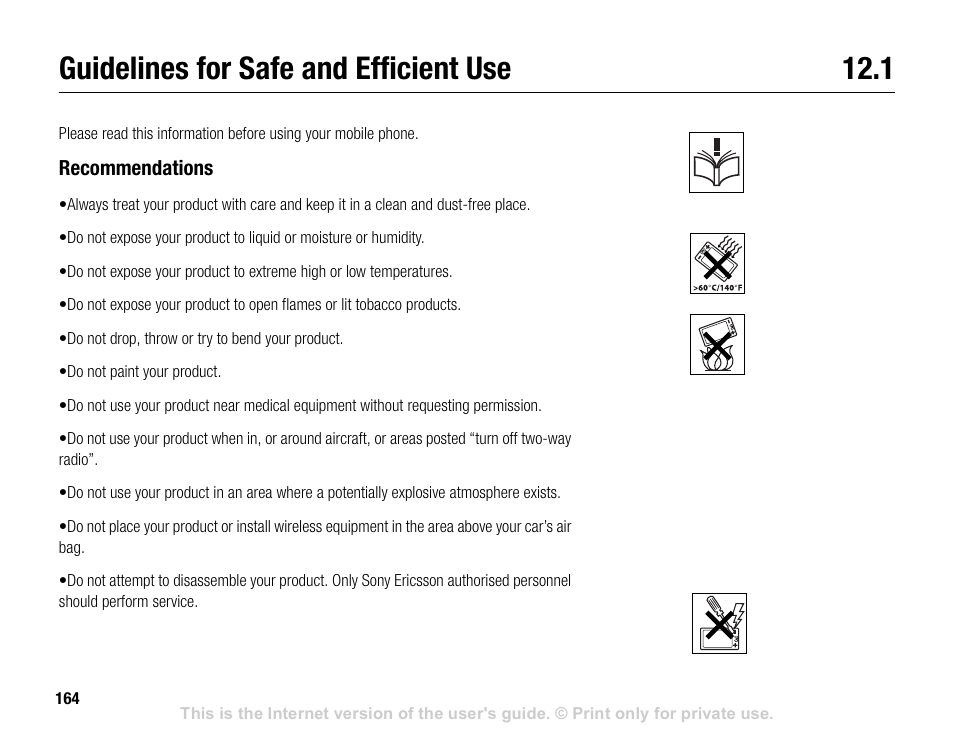 Guidelines for safe and efficient use 12.1, Guidelines for safe and efficient use | Sony V600 User Manual | Page 164 / 174