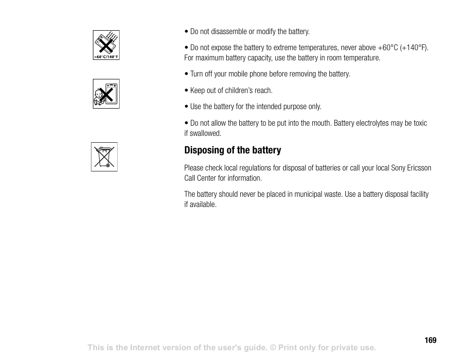 Disposing of the battery | Sony V600 User Manual | Page 169 / 174