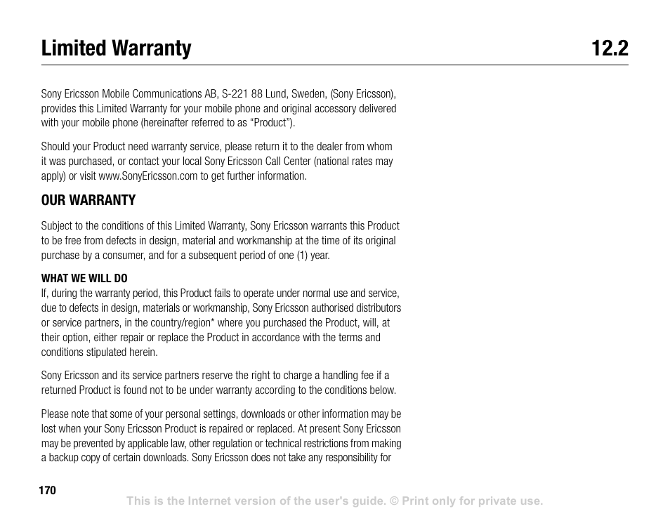 Limited warranty 12.2, Limited warranty | Sony V600 User Manual | Page 170 / 174