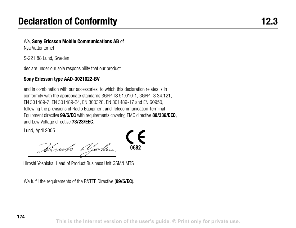 Declaration of conformity 12.3, Declaration of conformity | Sony V600 User Manual | Page 174 / 174