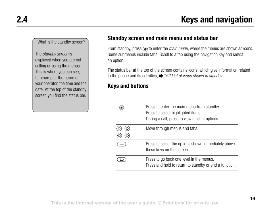 4 keys and navigation, Keys and navigation | Sony V600 User Manual | Page 19 / 174
