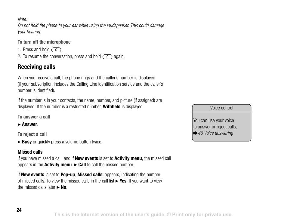 Receiving calls | Sony V600 User Manual | Page 24 / 174