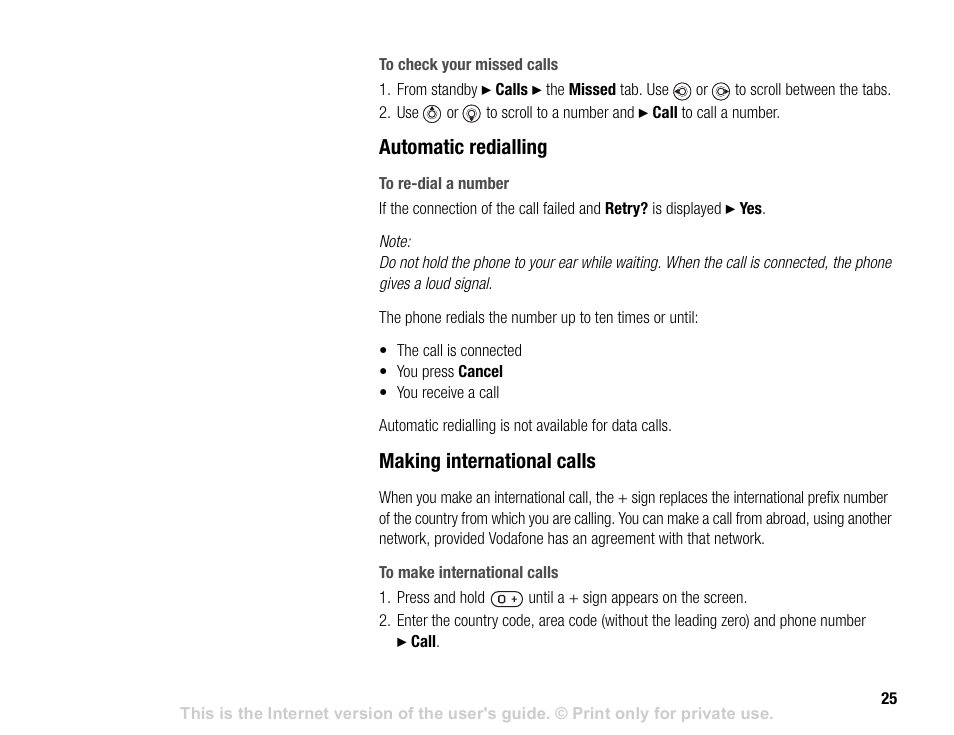 Automatic redialling, Making international calls | Sony V600 User Manual | Page 25 / 174