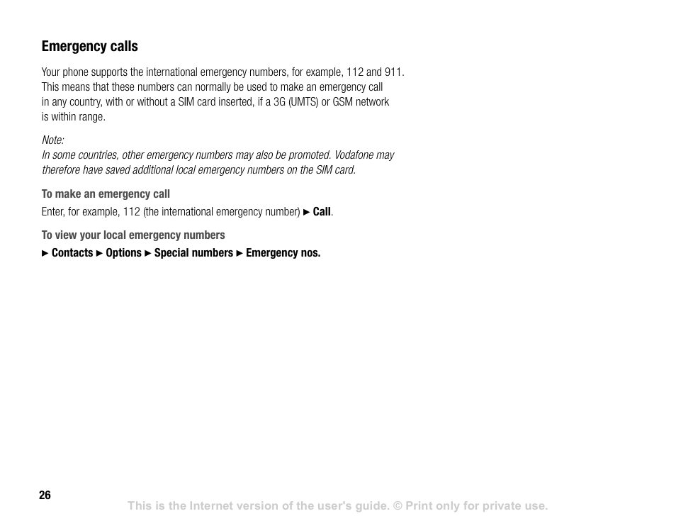 Emergency calls | Sony V600 User Manual | Page 26 / 174
