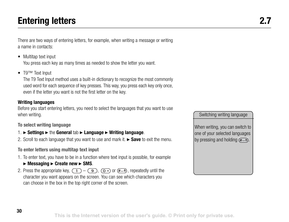 Entering letters 2.7, Entering letters | Sony V600 User Manual | Page 30 / 174