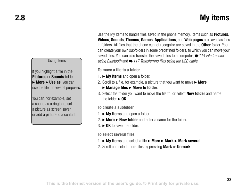 8 my items, My items | Sony V600 User Manual | Page 33 / 174