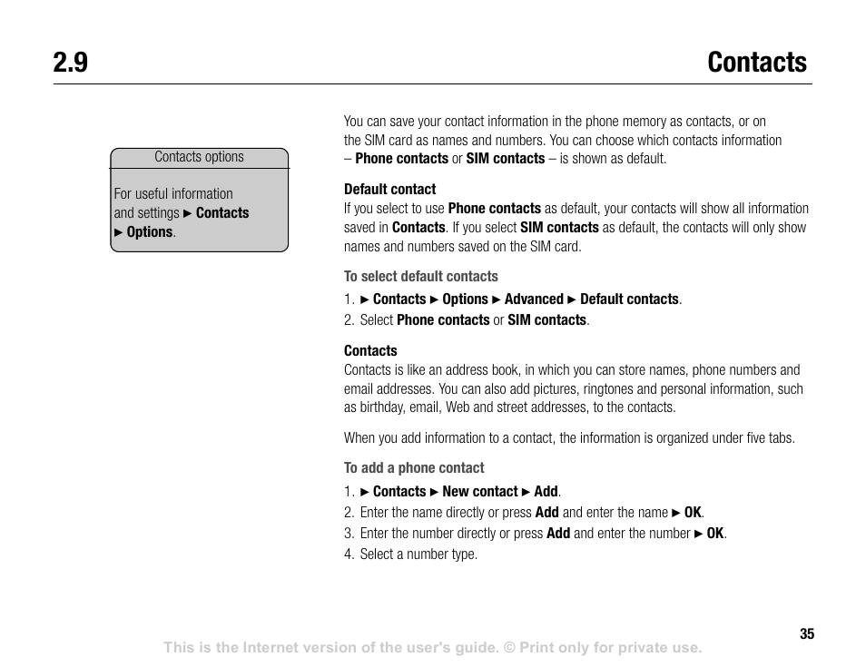 9 contacts, Contacts, 35 contacts | Sony V600 User Manual | Page 35 / 174