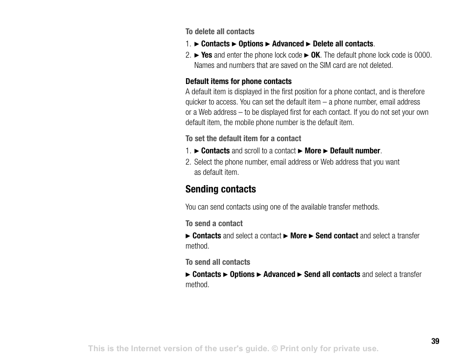 Sending contacts | Sony V600 User Manual | Page 39 / 174