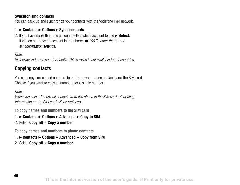Copying contacts | Sony V600 User Manual | Page 40 / 174