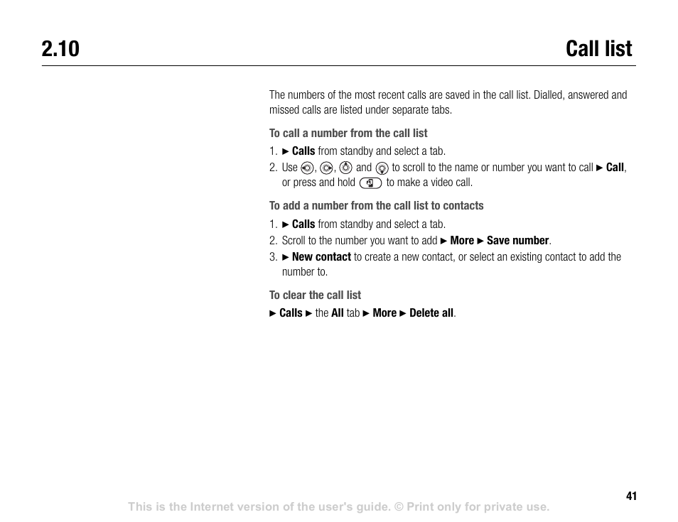 10 call list, Call list, Call list and contacts | 41 call, List | Sony V600 User Manual | Page 41 / 174