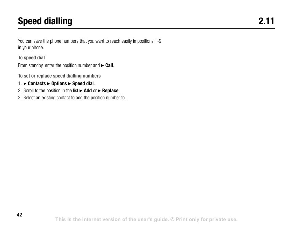 Speed dialling 2.11, Speed dialling | Sony V600 User Manual | Page 42 / 174