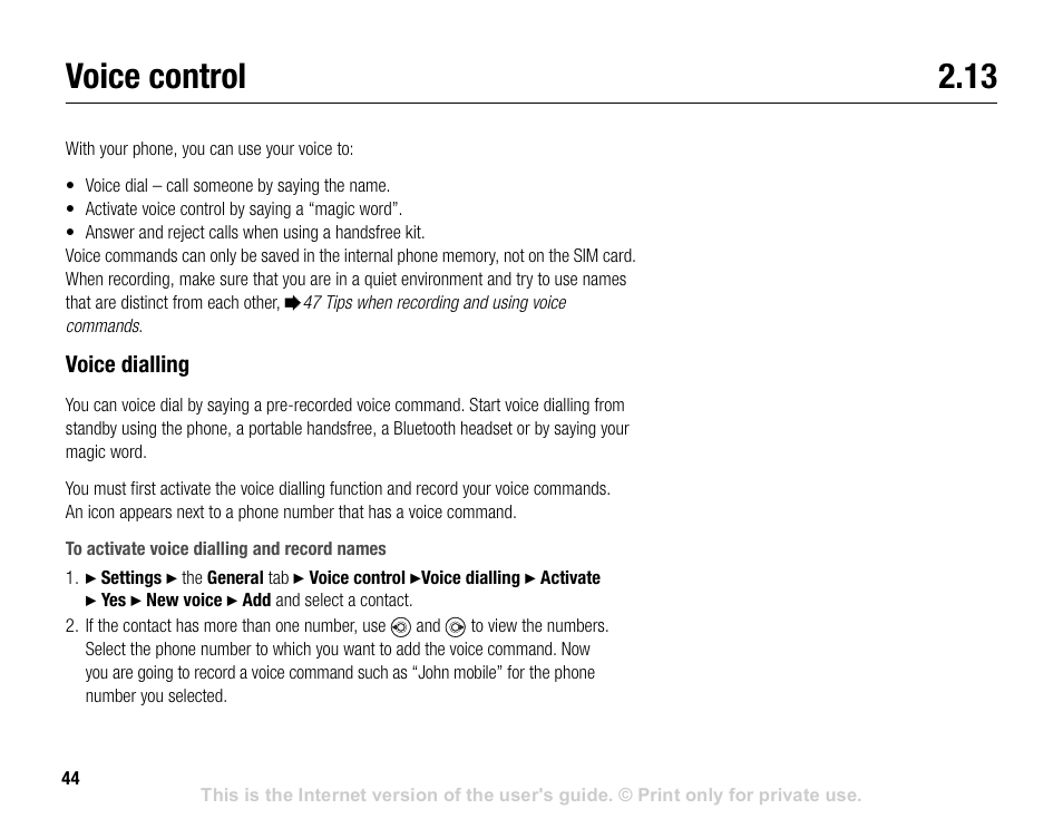 Voice control 2.13, Voice control, 44 voice control | Sony V600 User Manual | Page 44 / 174