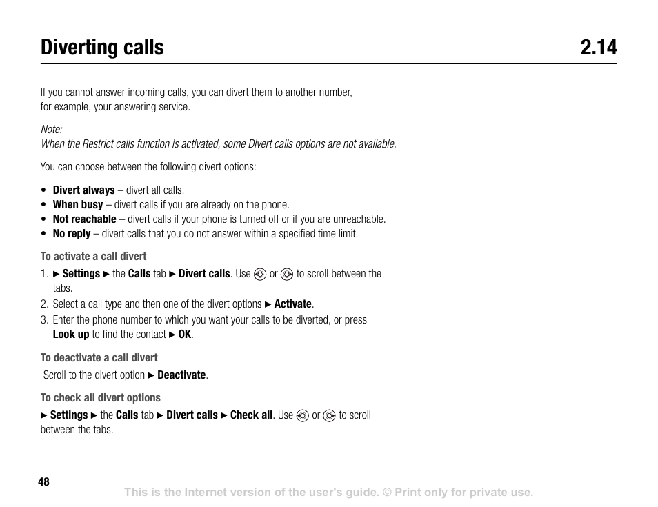 Diverting calls 2.14, Diverting calls | Sony V600 User Manual | Page 48 / 174