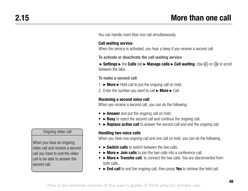 15 more than one call, More than one call | Sony V600 User Manual | Page 49 / 174