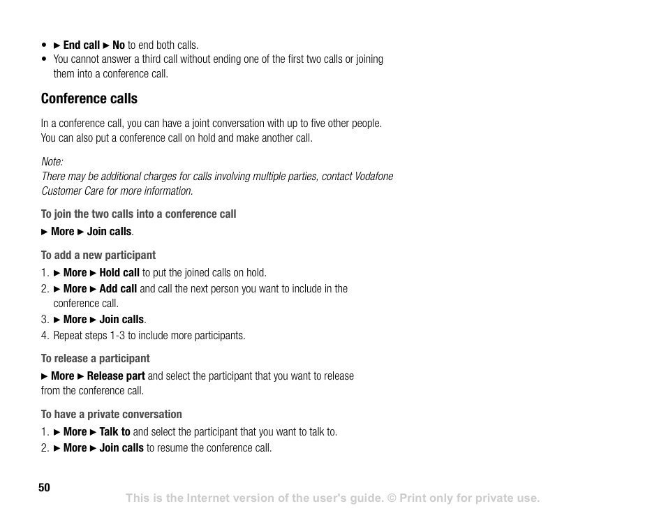 Conference calls | Sony V600 User Manual | Page 50 / 174