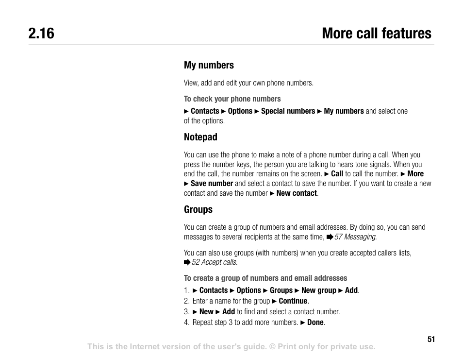 16 more call features, More call features | Sony V600 User Manual | Page 51 / 174