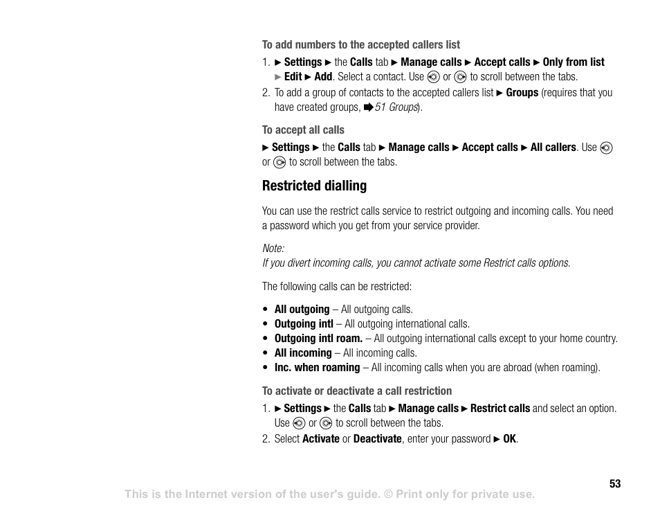 Restricted dialling | Sony V600 User Manual | Page 53 / 174