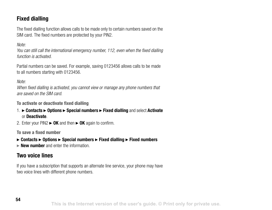 Fixed dialling, Two voice lines | Sony V600 User Manual | Page 54 / 174