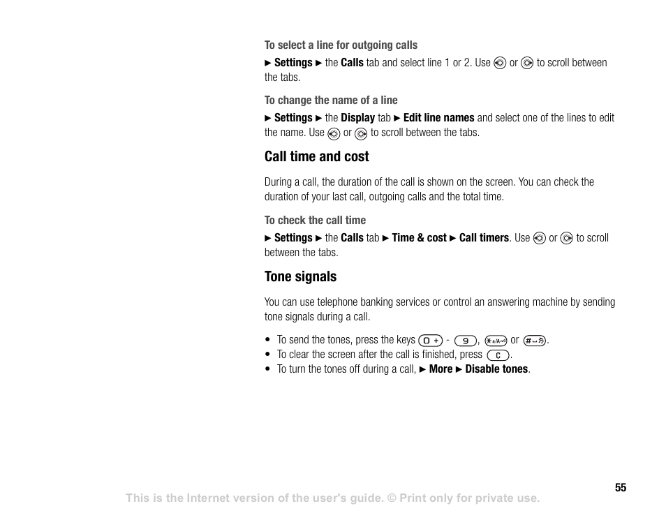 Call time and cost, Tone signals | Sony V600 User Manual | Page 55 / 174