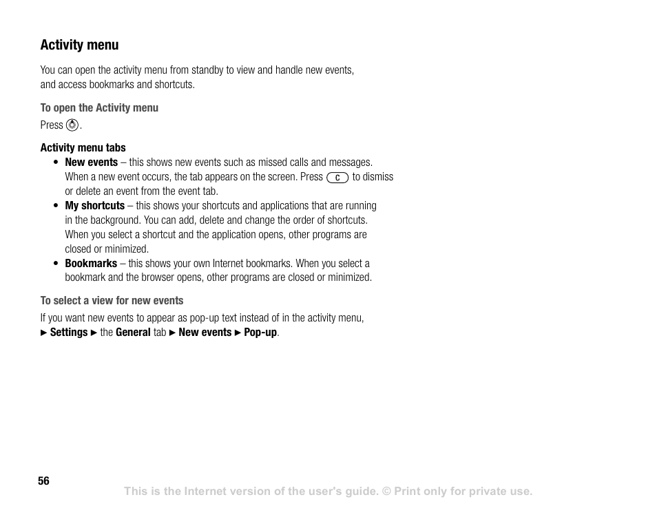 Activity menu | Sony V600 User Manual | Page 56 / 174